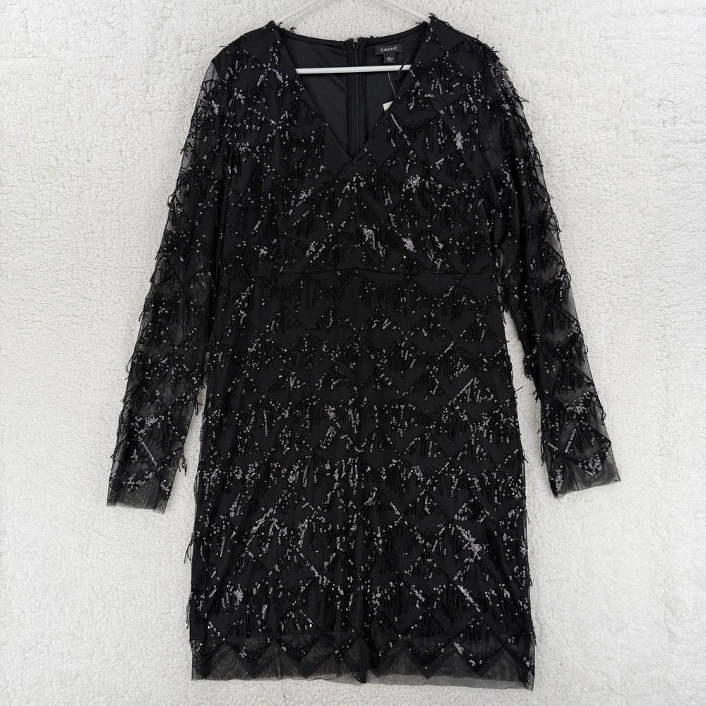 Cache Dress Womens Large Black Sequin Fringe Mesh V Neck Sheath Mini Cocktail‎